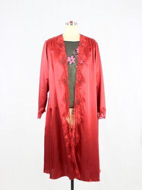 Vintage FREDERICK'S OF HOLLYWOOD Red Satin Lace Trim Kimono Robe, Size L